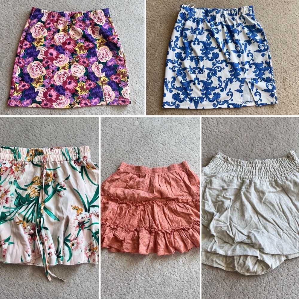 Lot of 5 Women's Skirts - Floral, Blue Scroll, Pink Ruffle, Tropical, Cream